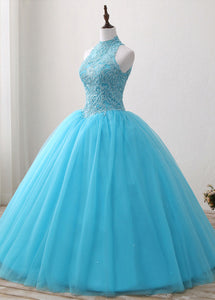 A-Line/Princess Tulle Appliques Lace Prom Dresses with Beading