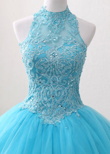 A-Line/Princess Tulle Appliques Lace Prom Dresses with Beading