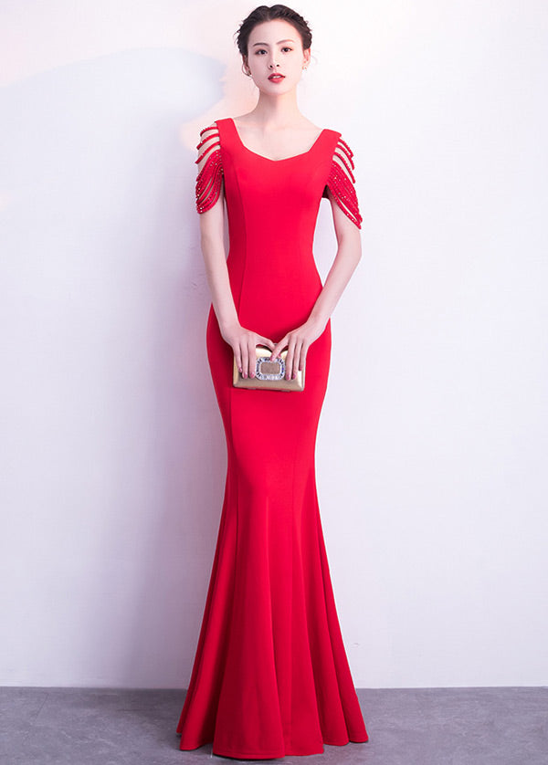 Trumpet/Mermaid Satin Floor-Length  Short Sleeves Prom Dresses