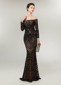 Trumpet/Mermaid Off-the-Shoulder Long Sleeves Sequined Prom Dresses