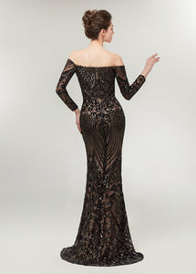 Trumpet/Mermaid Off-the-Shoulder Long Sleeves Sequined Prom Dresses