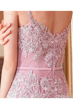 Spaghetti Straps Lace Sweep Train Sleeveless Prom Dresses