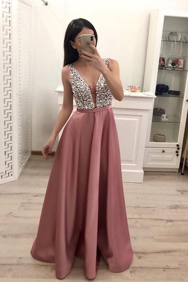 A-Line/Princess Satin Floor-Length Beading Prom Dresses