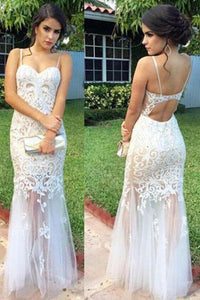 Trumpet/Mermaid Floor-Length Lace Spaghetti Straps Prom Dresses