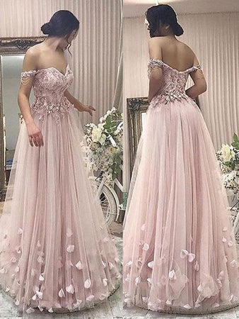 Off-the-Shoulder Tulle  Appliques Lace Prom Dresses