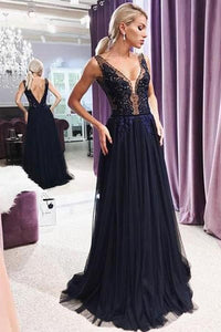 Tulle Open Back Appliques Lace Floor-Length Evening Dresses