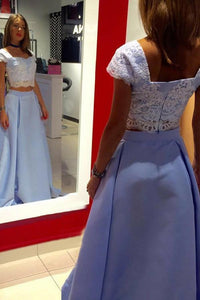 Short Sleeves Lace Floor-Length Prom Dresses