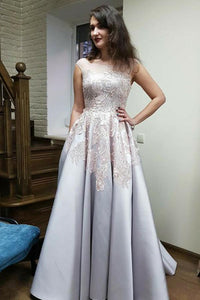 A-Line/Princess Satin Appliques  Sleeveless Lace Prom Dresses