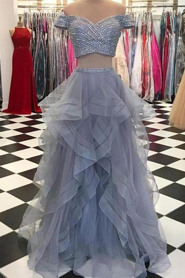 Sexy  Off-the-Shoulder Tulle  Floor-Length Sequined Prom Dresses