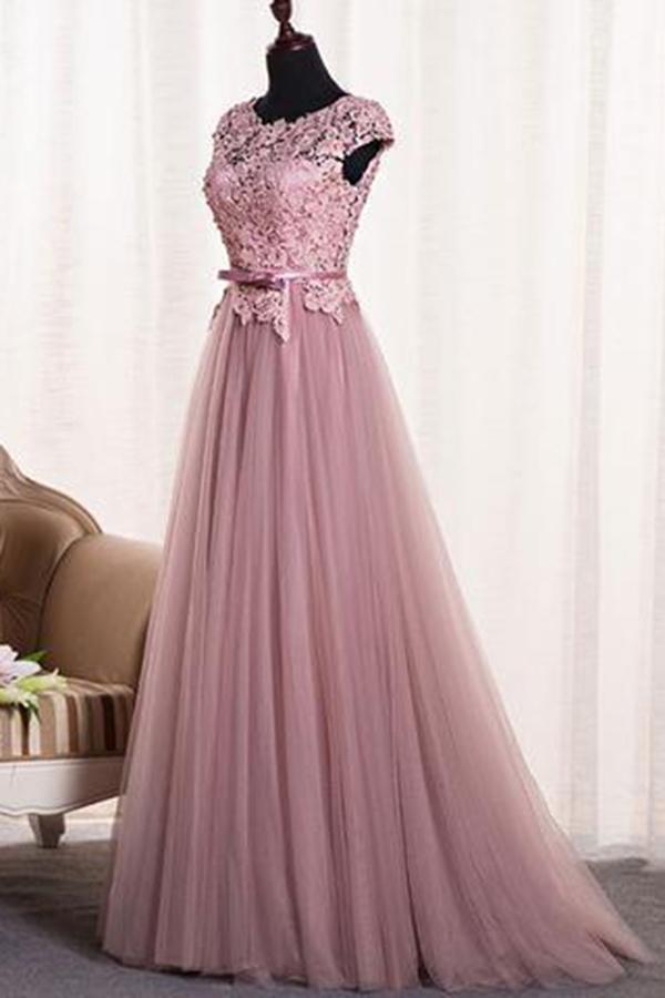 Keyhole-Back Cap-Sleeve Lace and Tulle A-Line Prom Dress