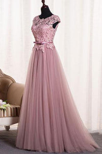 A-Line/Princess Sash Tulle Floor-Length Lace Prom Dresses
