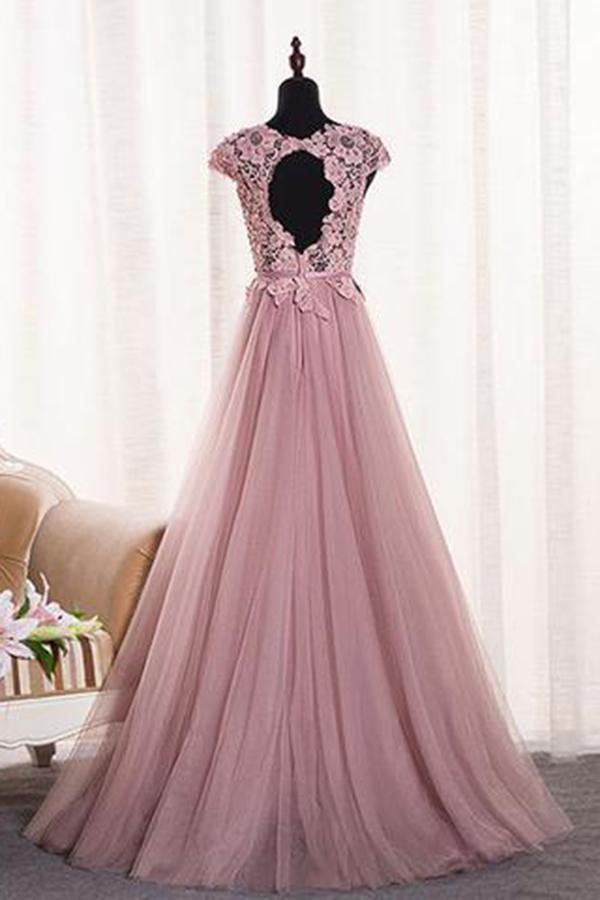Keyhole-Back Cap-Sleeve Lace and Tulle A-Line Prom Dress