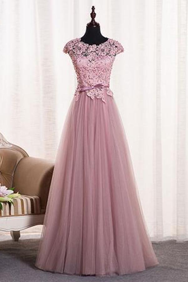 Keyhole-Back Cap-Sleeve Lace and Tulle A-Line Prom Dress