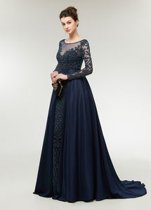 Chiffon  Scoop Neck Long Sleeves Beading Evening Dresses