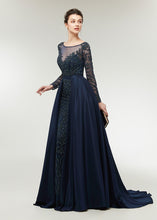 Chiffon  Scoop Neck Long Sleeves Beading Evening Dresses