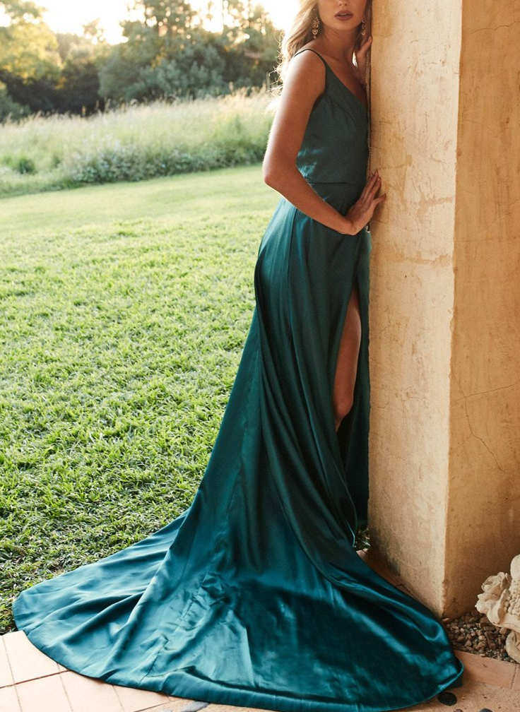 V-Neck Stretch Satin A-Line Prom Dress with High Slit