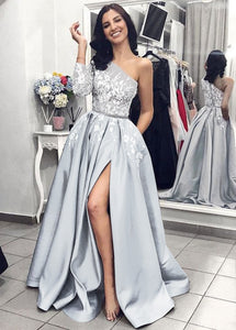 One-Shoulder Appliques Lace Floor-Length Prom Dresses