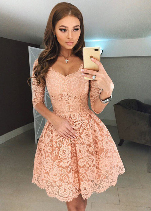 3/4 Sleeves Lace Short Evening Dresses