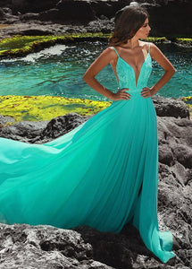 Chiffon Spaghetti Straps Sleeveless Embroidered Prom Dresses