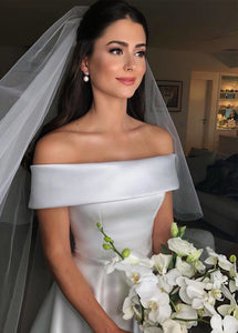 New  A-Line/Princess Off-the-Shoulder Satin Long Wedding Dresses