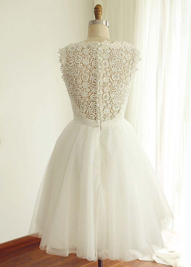 Illusion-Back Short Lace and Tulle A-Line Wedding Dress