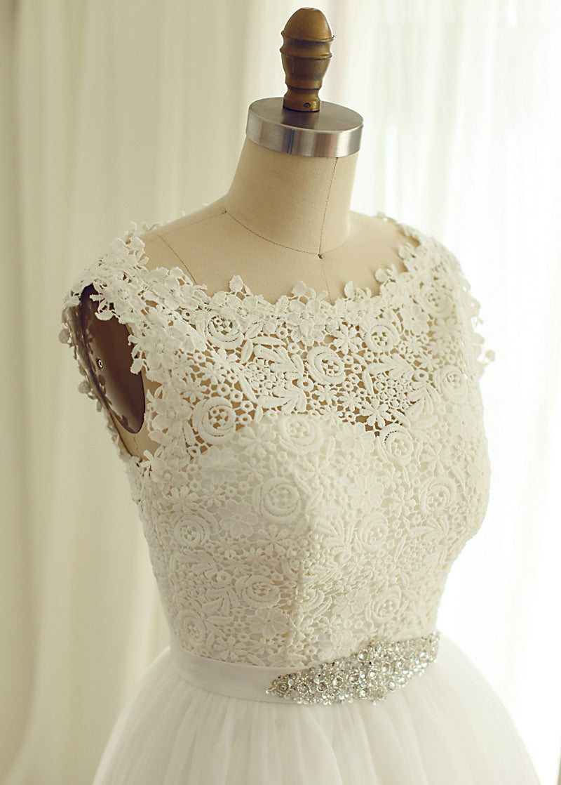 Illusion-Back Short Lace and Tulle A-Line Wedding Dress