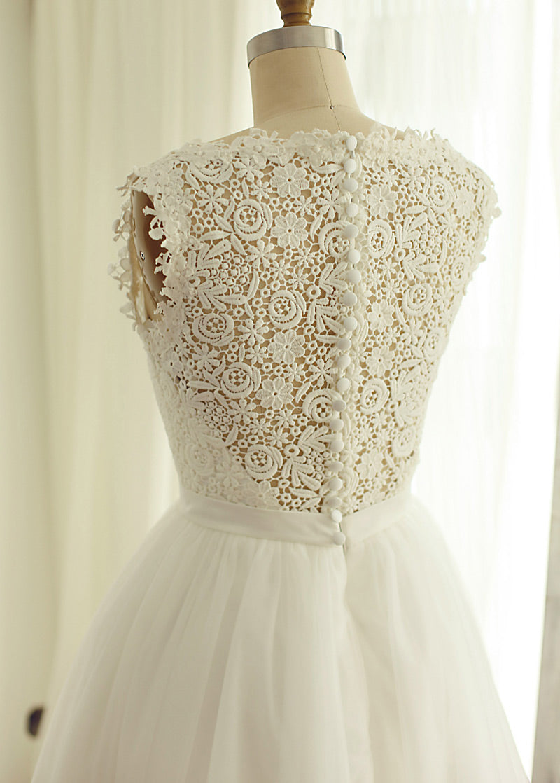 Illusion-Back Short Lace and Tulle A-Line Wedding Dress