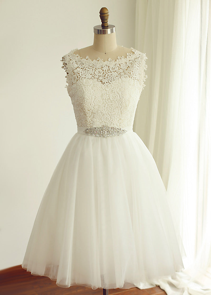 Illusion-Back Short Lace and Tulle A-Line Wedding Dress