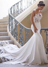 Satin Spaghetti Straps Mermaid Wedding Dresses With Lace Appliques