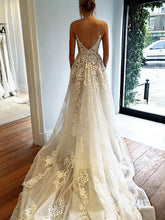 A-Line/Princess Tulle V-neck Sweep Train with Appliques Lace Wedding Dresses