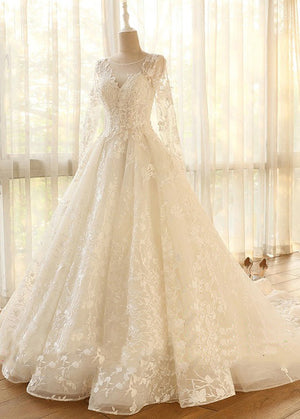 Ivory Long-Sleeve Illusion-Neck Lace and Tulle Wedding Ball Gown