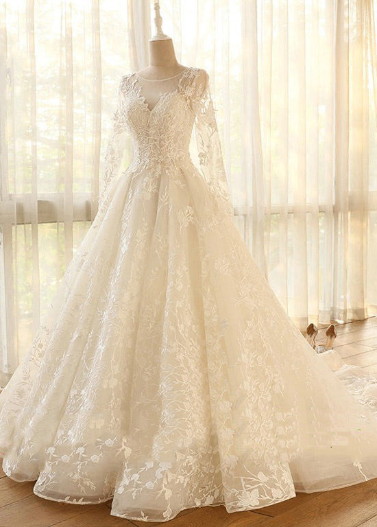Ivory Long-Sleeve Illusion-Neck Lace and Tulle Wedding Ball Gown