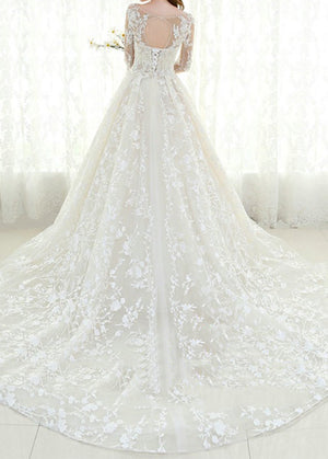 Ivory Long-Sleeve Illusion-Neck Lace and Tulle Wedding Ball Gown