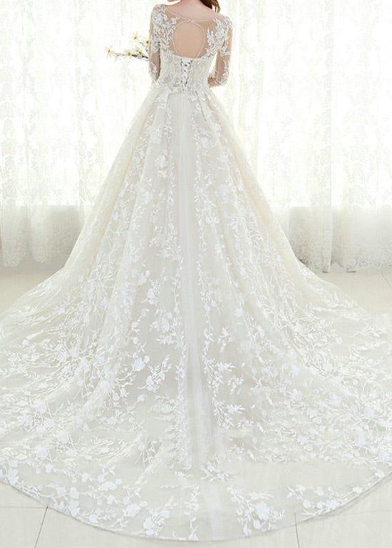 Ivory Long-Sleeve Illusion-Neck Lace and Tulle Wedding Ball Gown