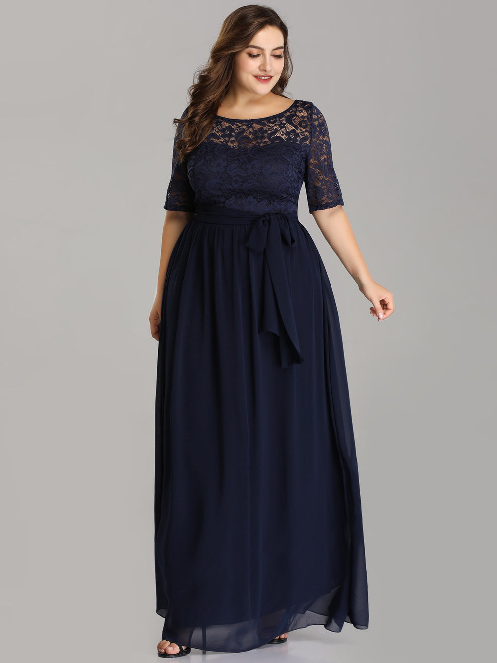 Half-Sleeve Tulle A-Line Mother of the Bride Dress with Bow Waist