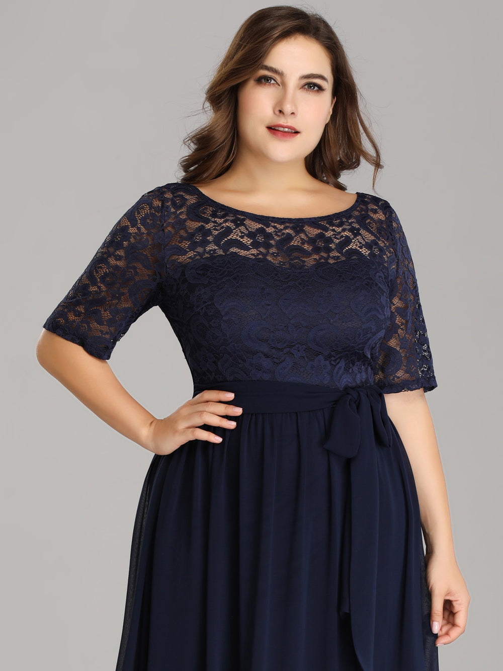 Half-Sleeve Tulle A-Line Mother of the Bride Dress with Bow Waist