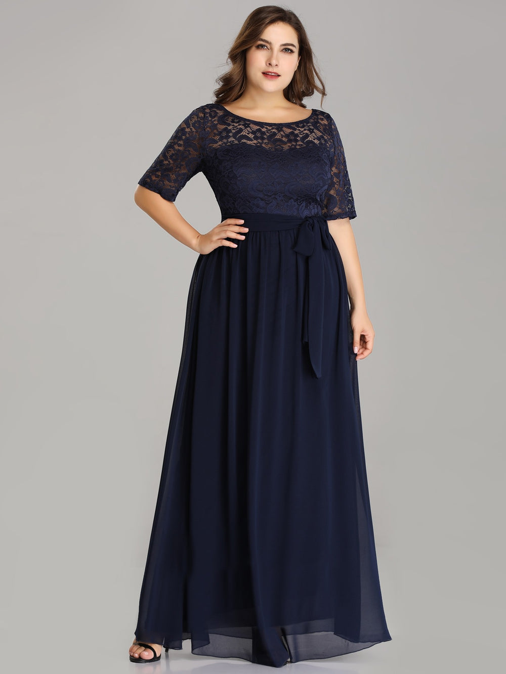 Half-Sleeve Tulle A-Line Mother of the Bride Dress with Bow Waist