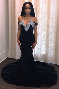 Satin Sweep Train Off-the-Shoulder Prom Dresses With Beading