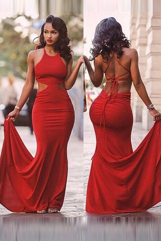 New Red Sexy Satin Halter Open Back Prom Dresses