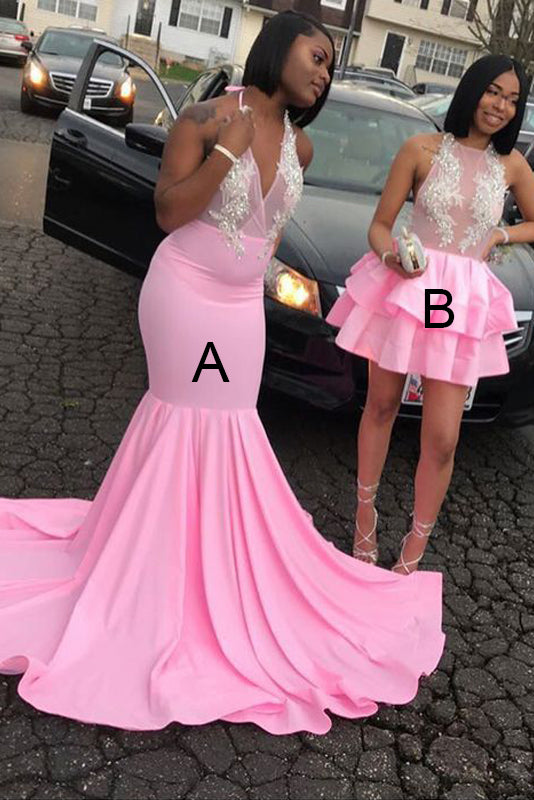 Trumpet/Mermaid Satin Sleeveless Prom Dresses with Appliques Lace - Short B