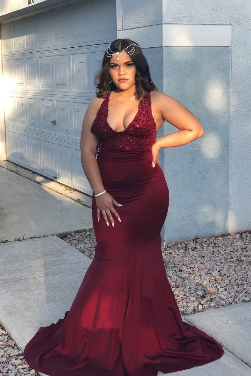 Burgundy Sleeveless Lace Plus Size Prom Dresses – Angrila