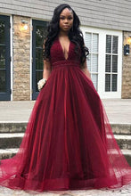 Burgundy A-Line/Princess Floor-Length Tulle Prom Dresses