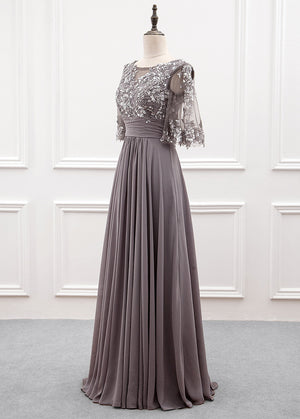 Bell-Sleeve Chiffon Mother of the Bride Dress with Lace Bodice