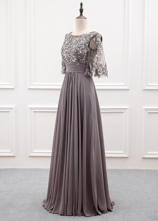 Bell-Sleeve Chiffon Mother of the Bride Dress with Lace Bodice