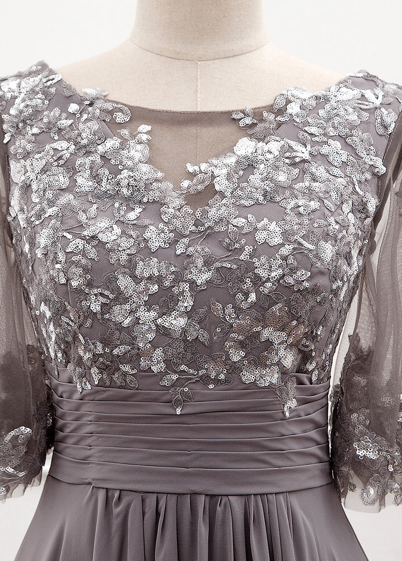 Bell-Sleeve Chiffon Mother of the Bride Dress with Lace Bodice