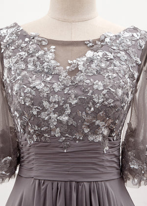 Bell-Sleeve Chiffon Mother of the Bride Dress with Lace Bodice