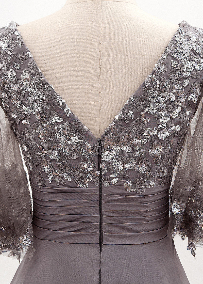 Bell-Sleeve Chiffon Mother of the Bride Dress with Lace Bodice