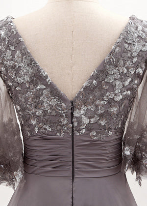 Bell-Sleeve Chiffon Mother of the Bride Dress with Lace Bodice