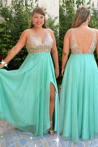 Floor-Length Chiffon V-neck Sequined  Plus Size Dresses