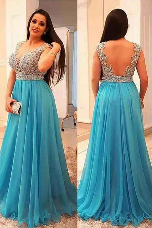 Open Back Tulle Floor-Length Plus Size Prom Dresses with Appliques Lace Main image